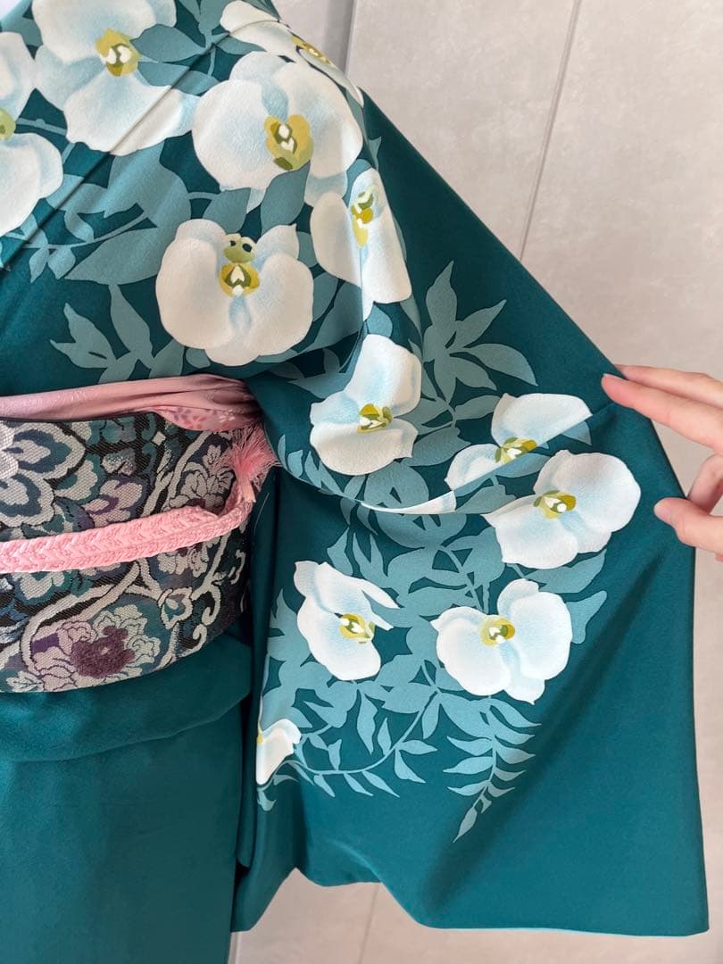 着物 訪問着 深緑色 花柄