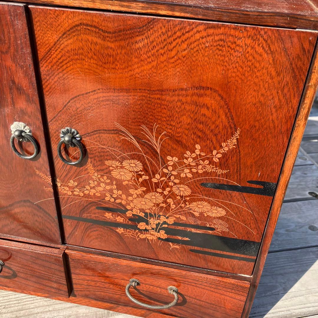 昭和レトロ 花柄装飾 観音開き扉 木製茶棚 茶箪笥 ミニ箪笥 引き出し 古家具