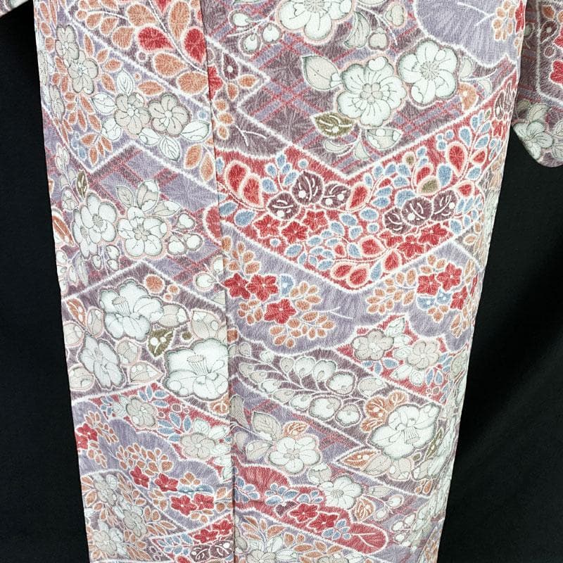 511mk83☆洗える着物！小紋 辻が花 椿 松菱 くすみ紫×濃いピンク☆美品