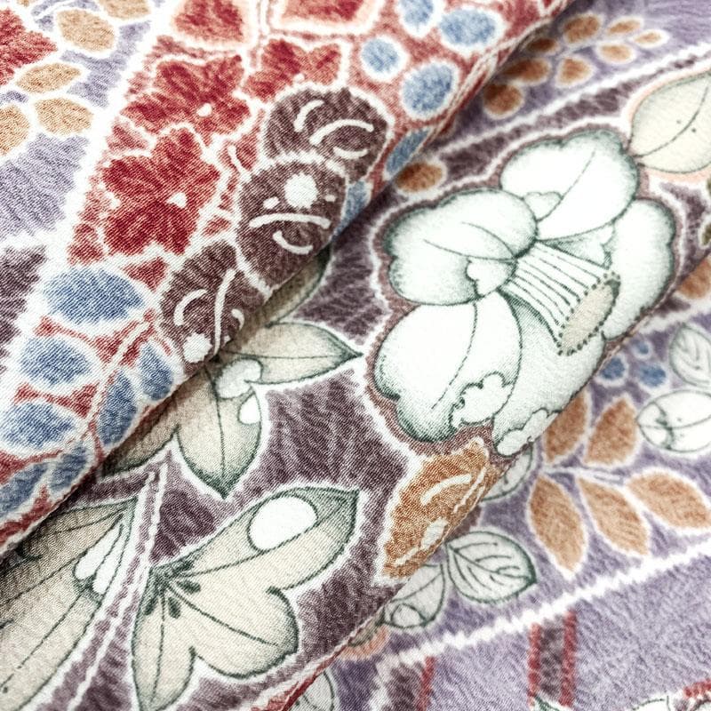 511mk83☆洗える着物！小紋 辻が花 椿 松菱 くすみ紫×濃いピンク☆美品