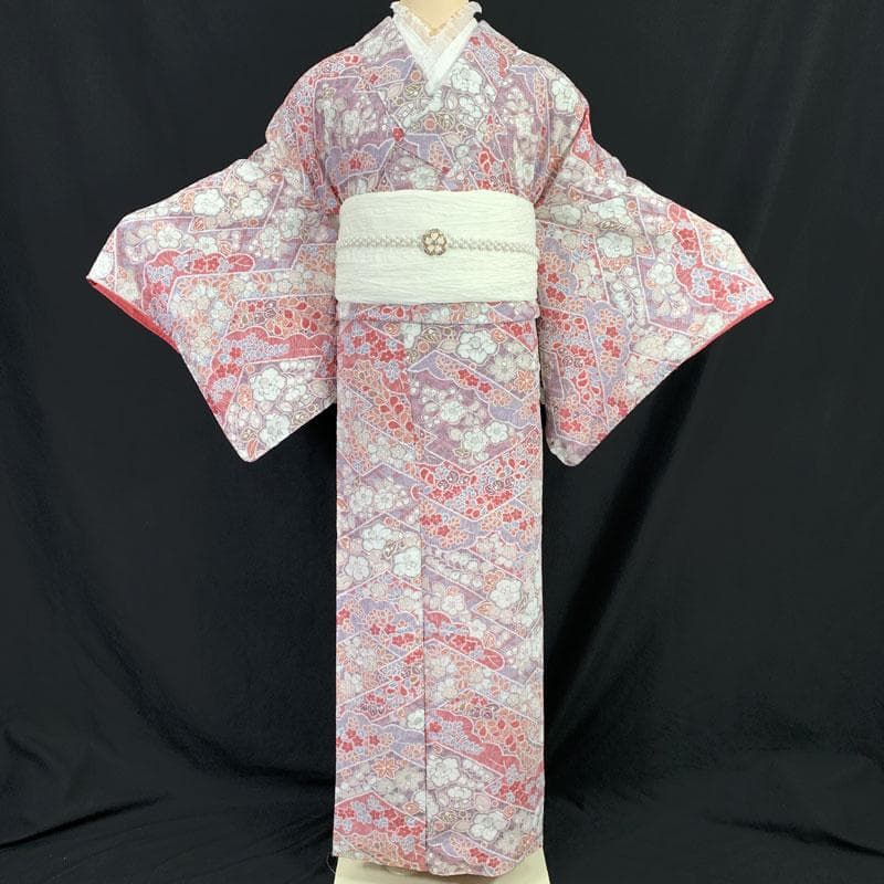 511mk83☆洗える着物！小紋 辻が花 椿 松菱 くすみ紫×濃いピンク☆美品