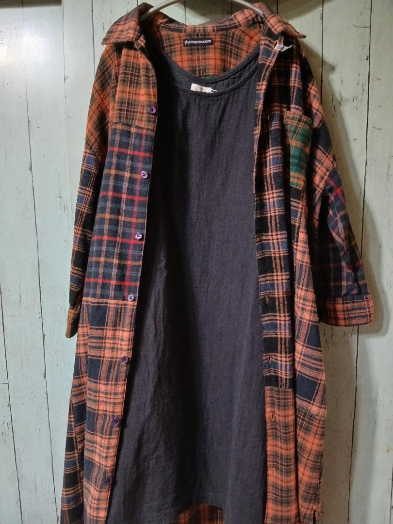 着1回　 パッチワーク　ネル　チェック　九分袖　シャツワンピ　プロフで全品見て