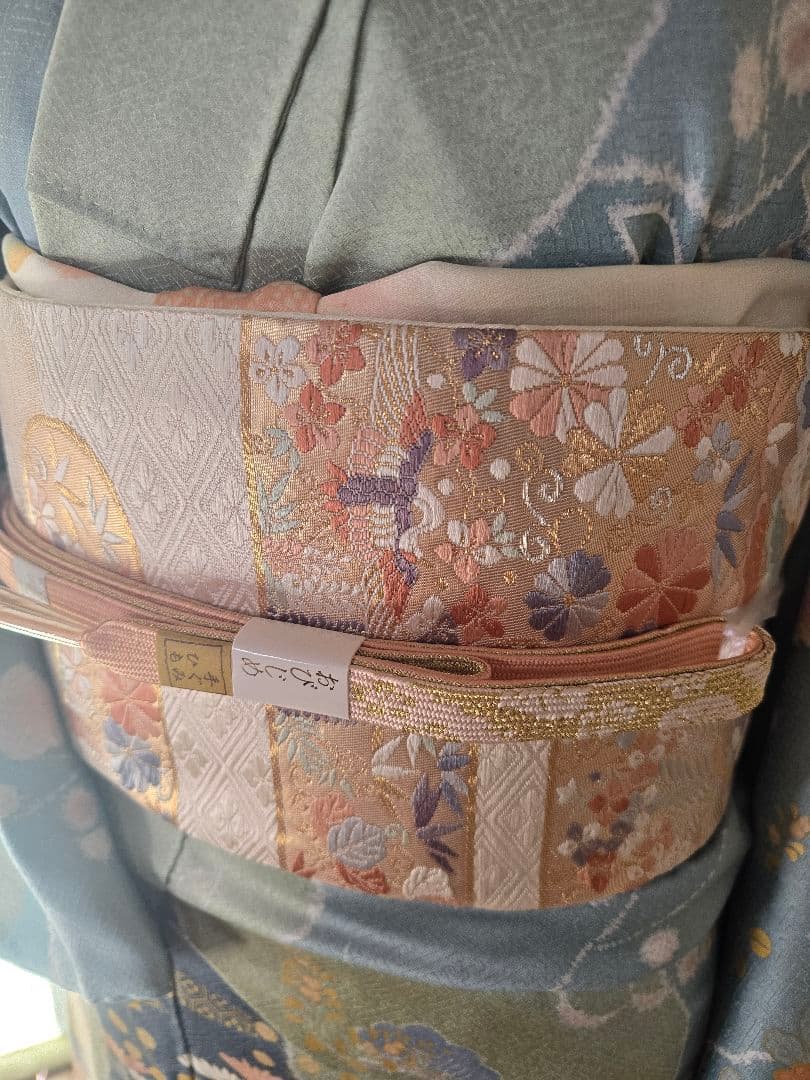 作家物　刺繍　４点フルセット　裄丈長め　訪問着　霞取りに花模様　袋帯