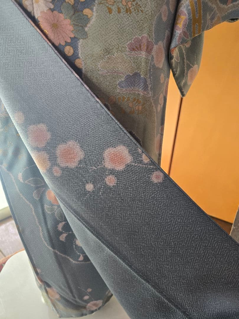 作家物　刺繍　４点フルセット　裄丈長め　訪問着　霞取りに花模様　袋帯