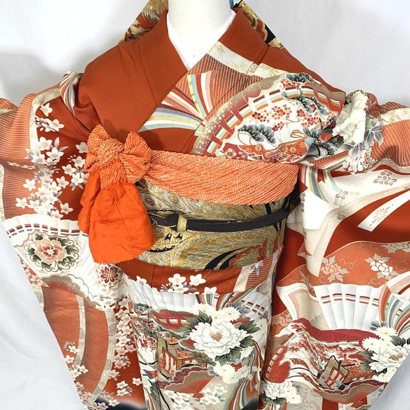 410aj39〇古典柄 レトロ 振袖＆袋帯 金駒刺繍 十三参り〇美品