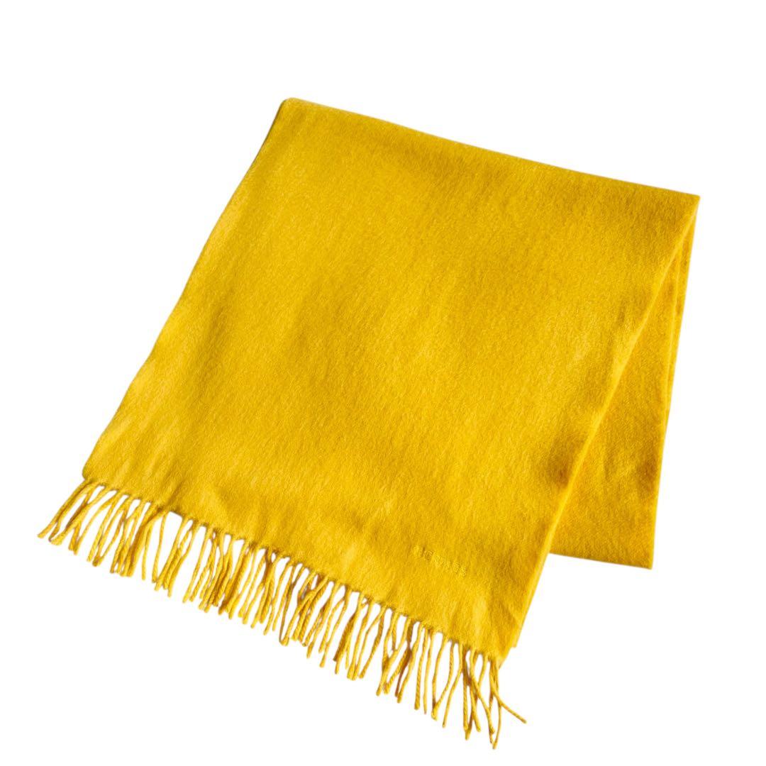 エルメス カシミヤ100% マフラー ストール 刺繍ロゴ イエロー 黄色