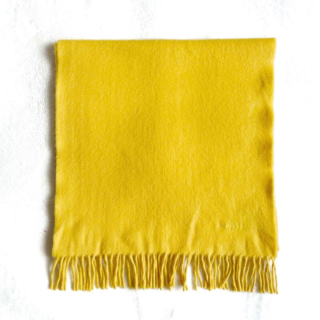 エルメス カシミヤ100% マフラー ストール 刺繍ロゴ イエロー 黄色