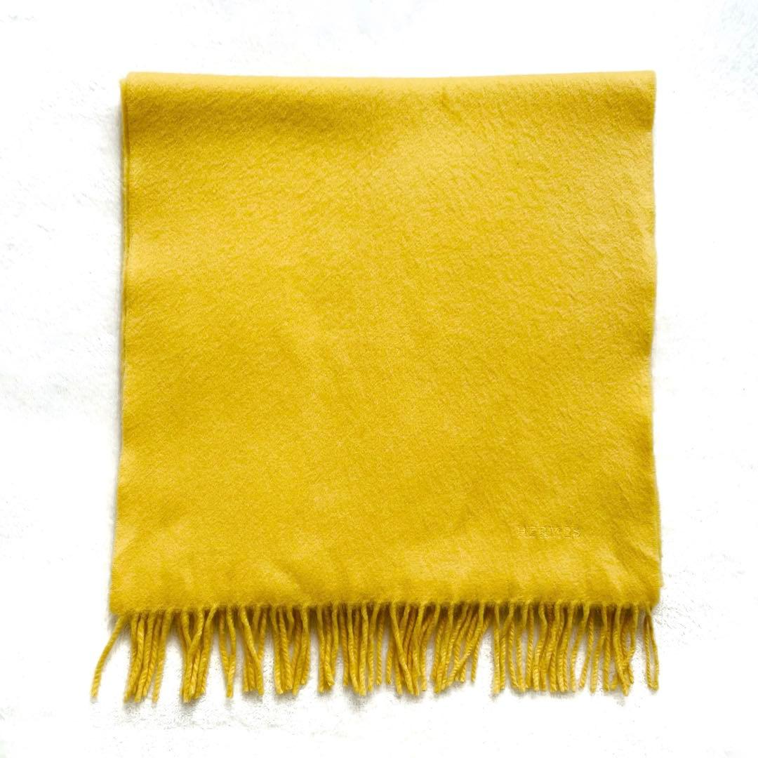 エルメス カシミヤ100% マフラー ストール 刺繍ロゴ イエロー 黄色