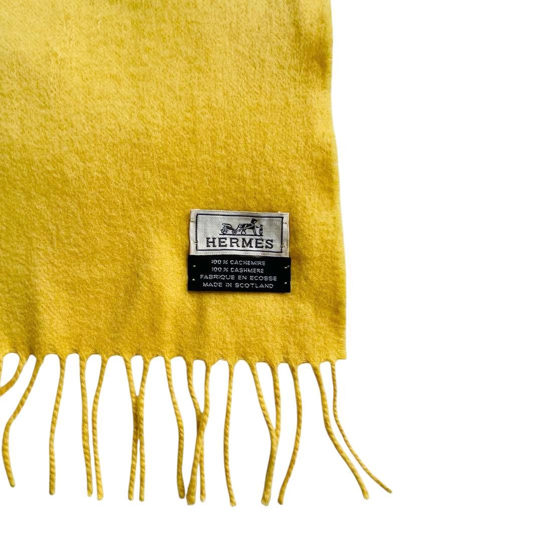 エルメス カシミヤ100% マフラー ストール 刺繍ロゴ イエロー 黄色