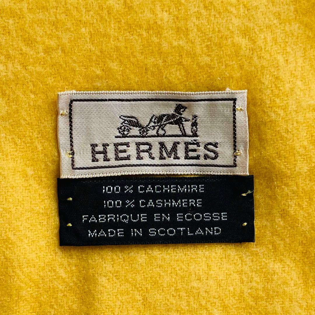 エルメス カシミヤ100% マフラー ストール 刺繍ロゴ イエロー 黄色