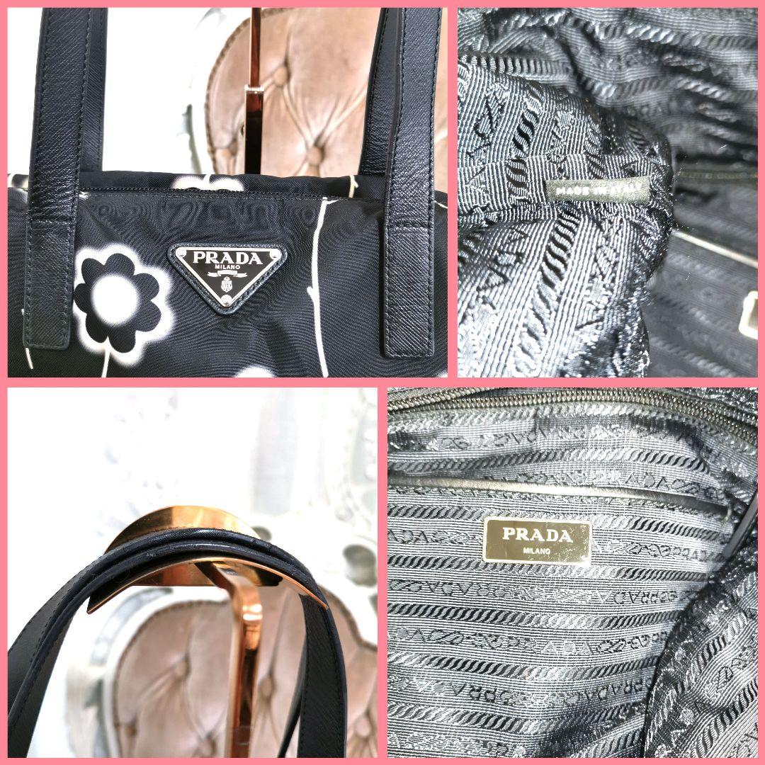 【美品】プラダPRADA サフィアーノ2way肩掛けトートバッグ黒 花柄 鑑定済