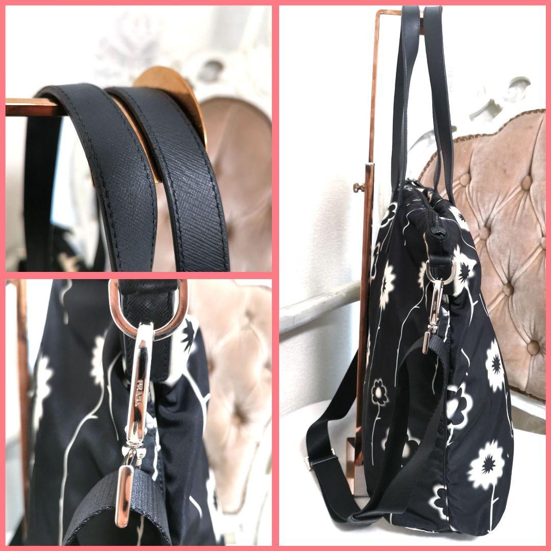 【美品】プラダPRADA サフィアーノ2way肩掛けトートバッグ黒 花柄 鑑定済