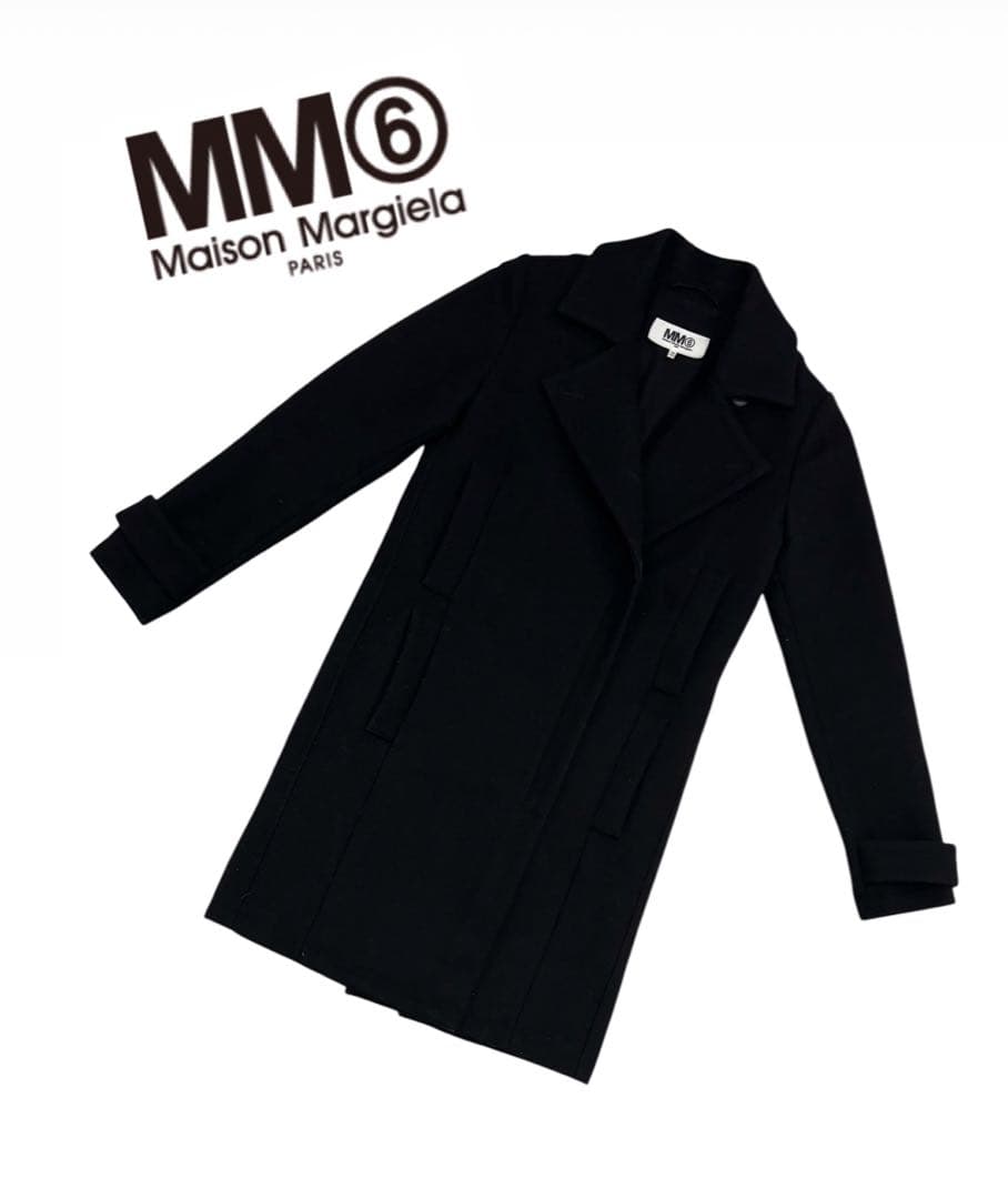 MM6 メルトンウールカーコート ブラック ポケット ファスナースリット 36