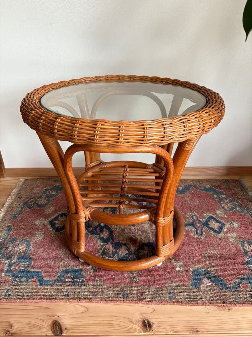 籐 ラタン ガラスサイドテーブル★アンティーク