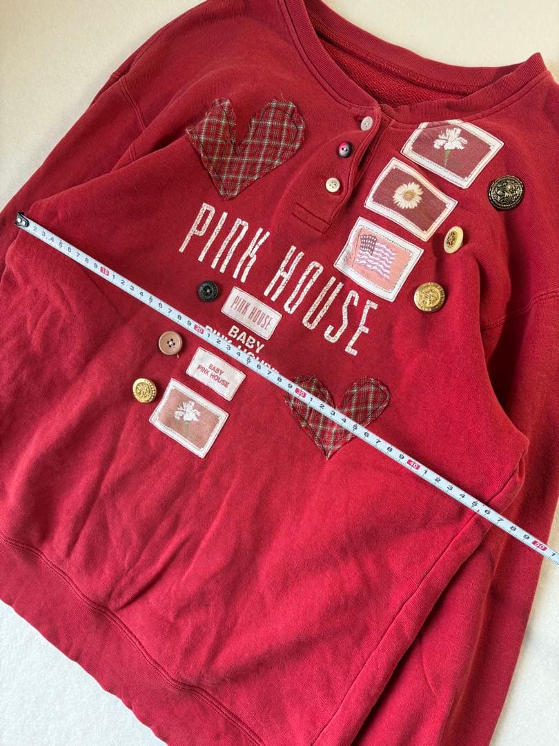 レアデザイン❤︎PINK HOUSEワッペン　チェック　ボタン赤スウェット　古着屋