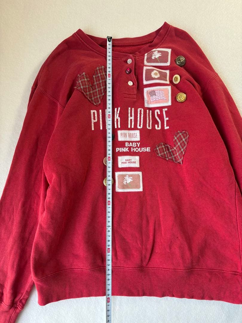 レアデザイン❤︎PINK HOUSEワッペン　チェック　ボタン赤スウェット　古着屋