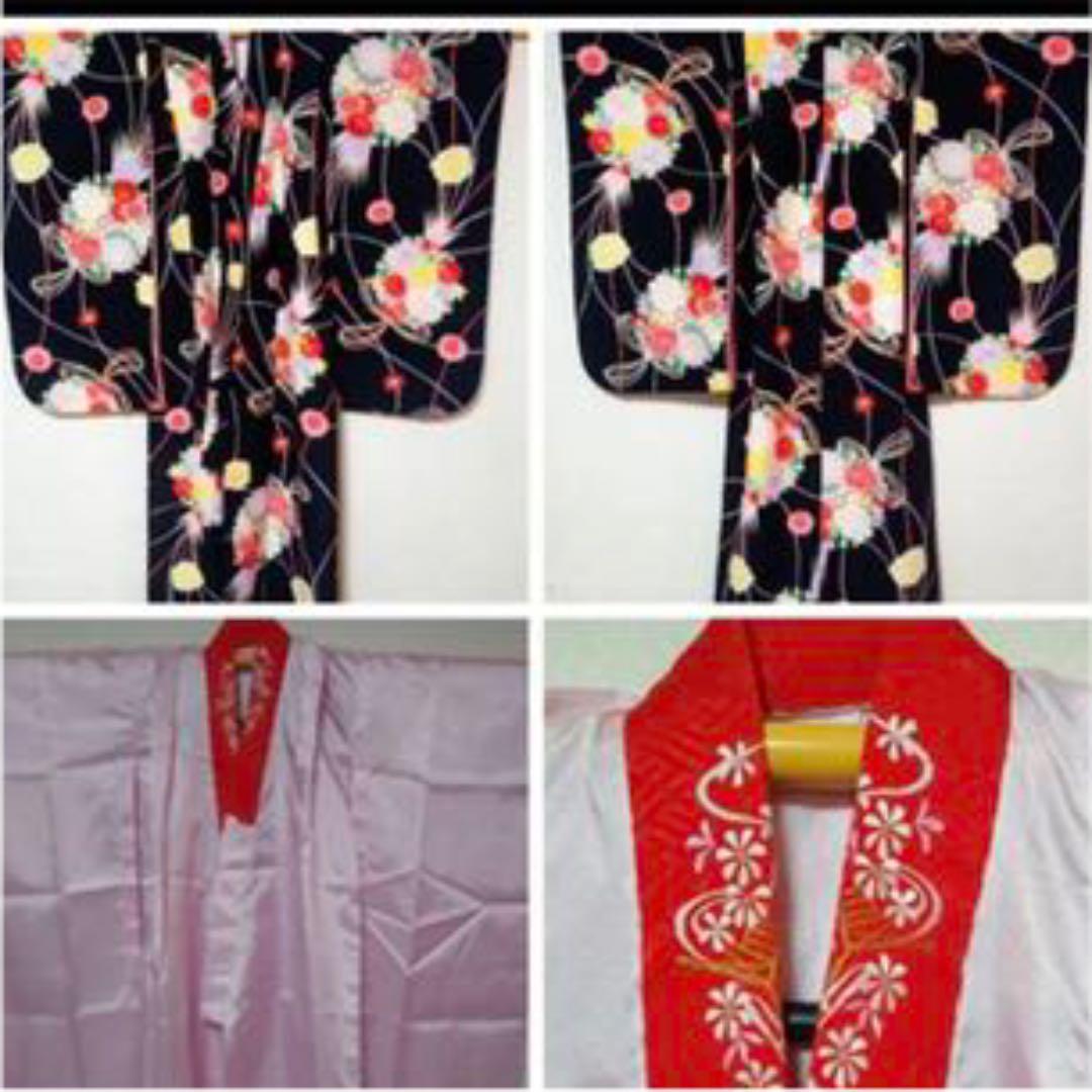 黒地に美しい花薬玉の着物とだらり帯　舞妓さんセット
