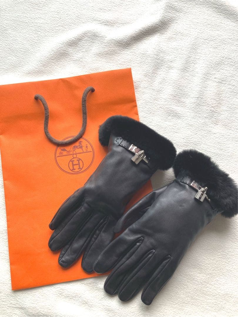 極美品　エルメス　ラムレザー　ミンクファー　グローブ　かケリーカデナ　黒　7
