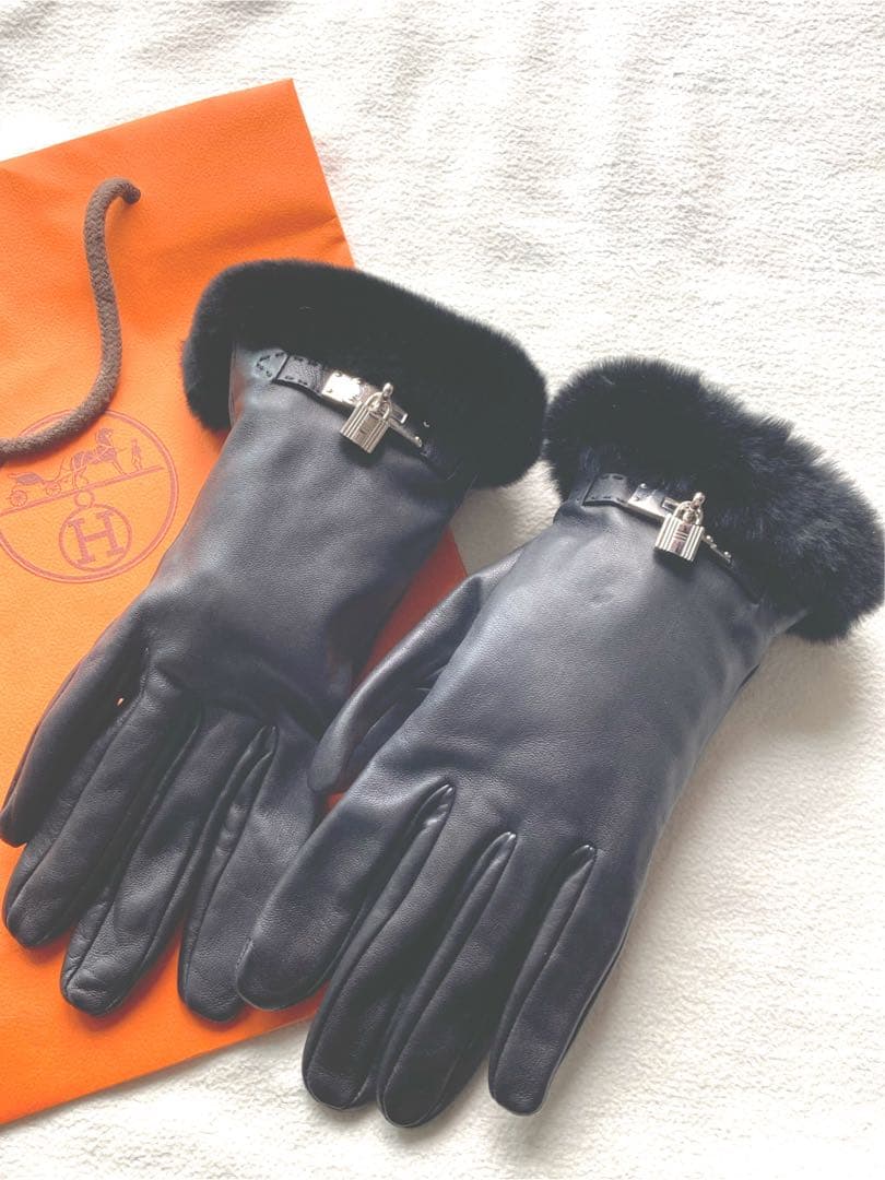 極美品　エルメス　ラムレザー　ミンクファー　グローブ　かケリーカデナ　黒　7