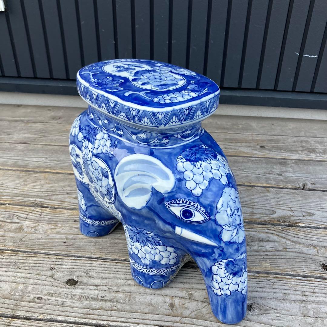 ① 景徳鎮 中国美術品 陶器製 象 オブジェ 飾り スツール 花台 染付 骨董品