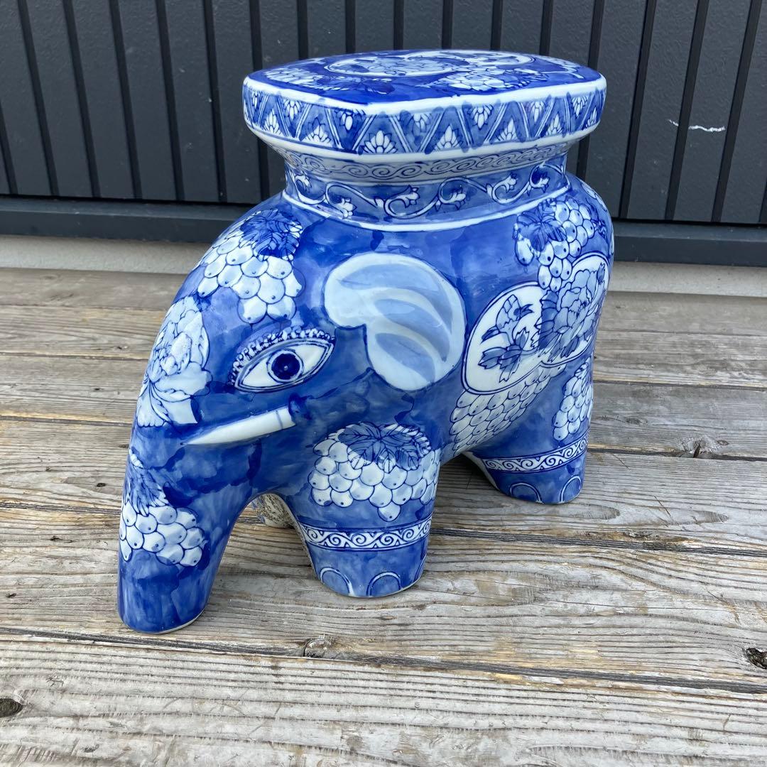 ① 景徳鎮 中国美術品 陶器製 象 オブジェ 飾り スツール 花台 染付 骨董品