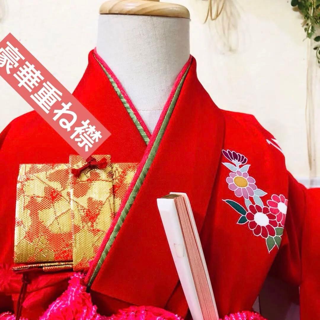 七五三 七歳‼️人気赤地に蝶々花々金彩金箔煌びやか‼️便利で人気❤️完全フルセット‼️赤