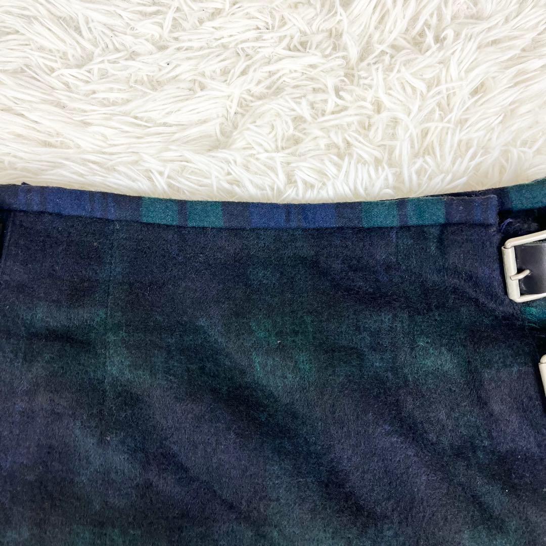 オニールオブダブリン プリーツ ウール ラップスカート チェック 近年 グリーン