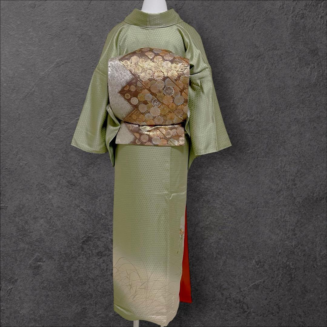 k233 正絹 亀甲地紋 訪問着 4点フルセット 身丈156裄丈65