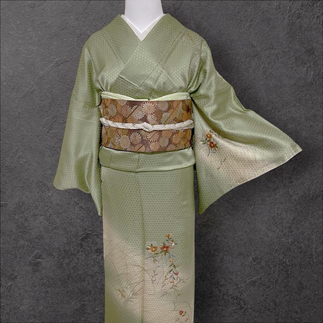 k233 正絹 亀甲地紋 訪問着 4点フルセット 身丈156裄丈65