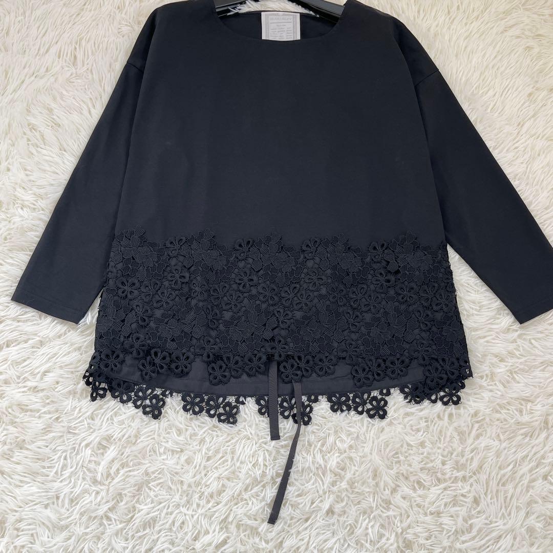 BEARDSLEY ビアズリー 裾レース カットソー　刺繍 Fサイズ 黒