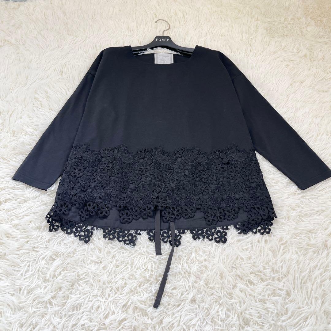 BEARDSLEY ビアズリー 裾レース カットソー　刺繍 Fサイズ 黒