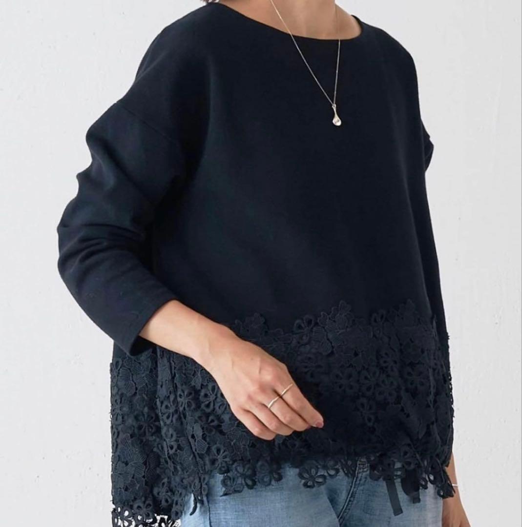 BEARDSLEY ビアズリー 裾レース カットソー　刺繍 Fサイズ 黒