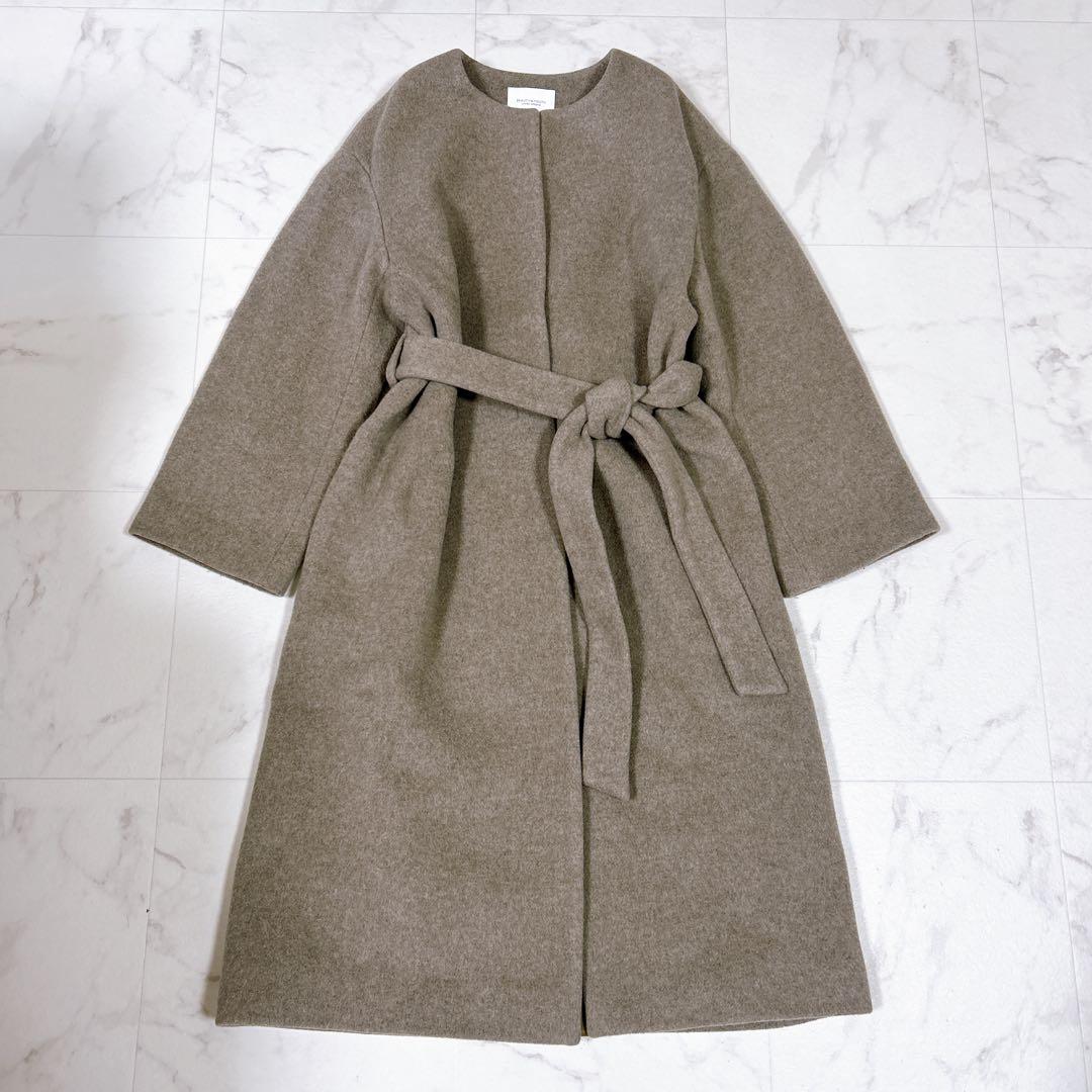 美品 Beauty&Youth ビーバーノーカラーロング コート S 20AW