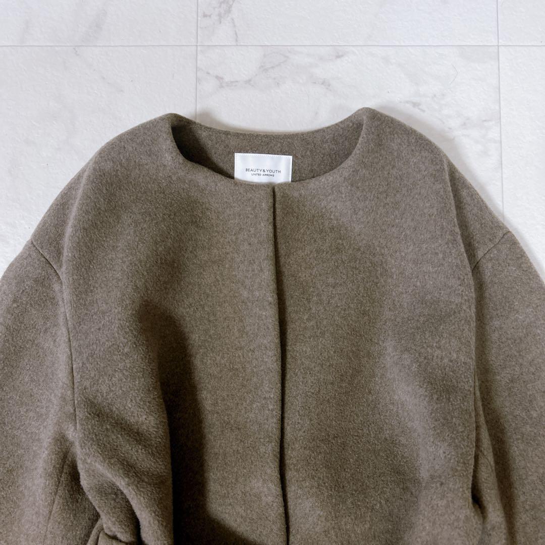 美品 Beauty&Youth ビーバーノーカラーロング コート S 20AW