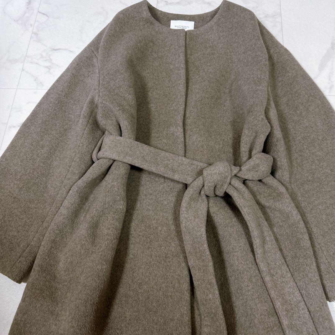 美品 Beauty&Youth ビーバーノーカラーロング コート S 20AW