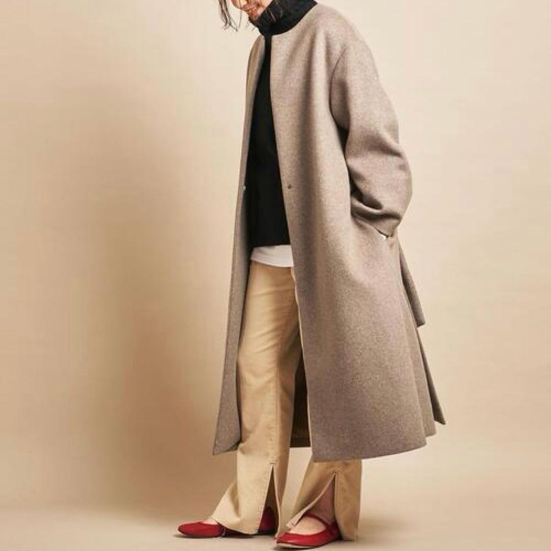 美品 Beauty&Youth ビーバーノーカラーロング コート S 20AW