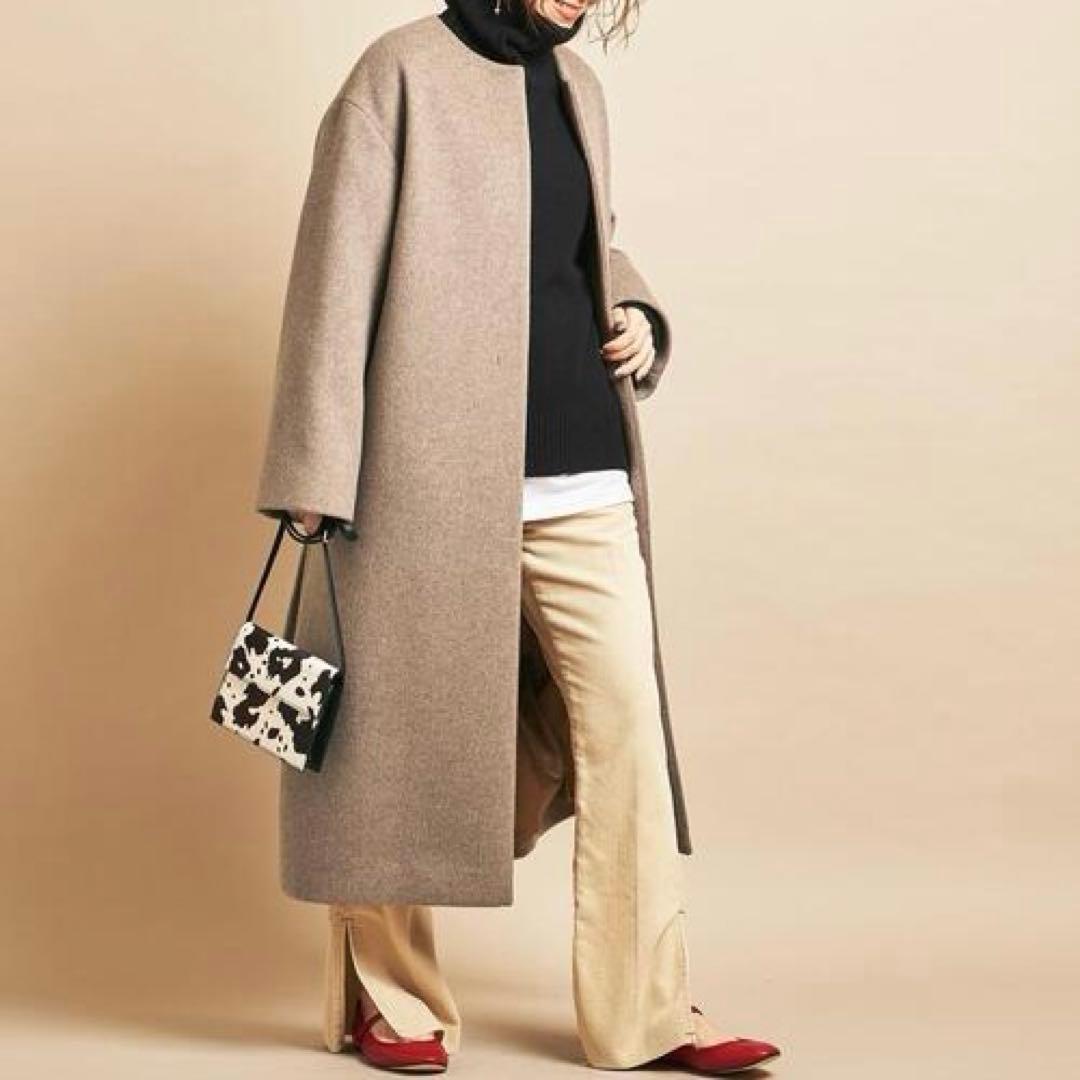 美品 Beauty&Youth ビーバーノーカラーロング コート S 20AW