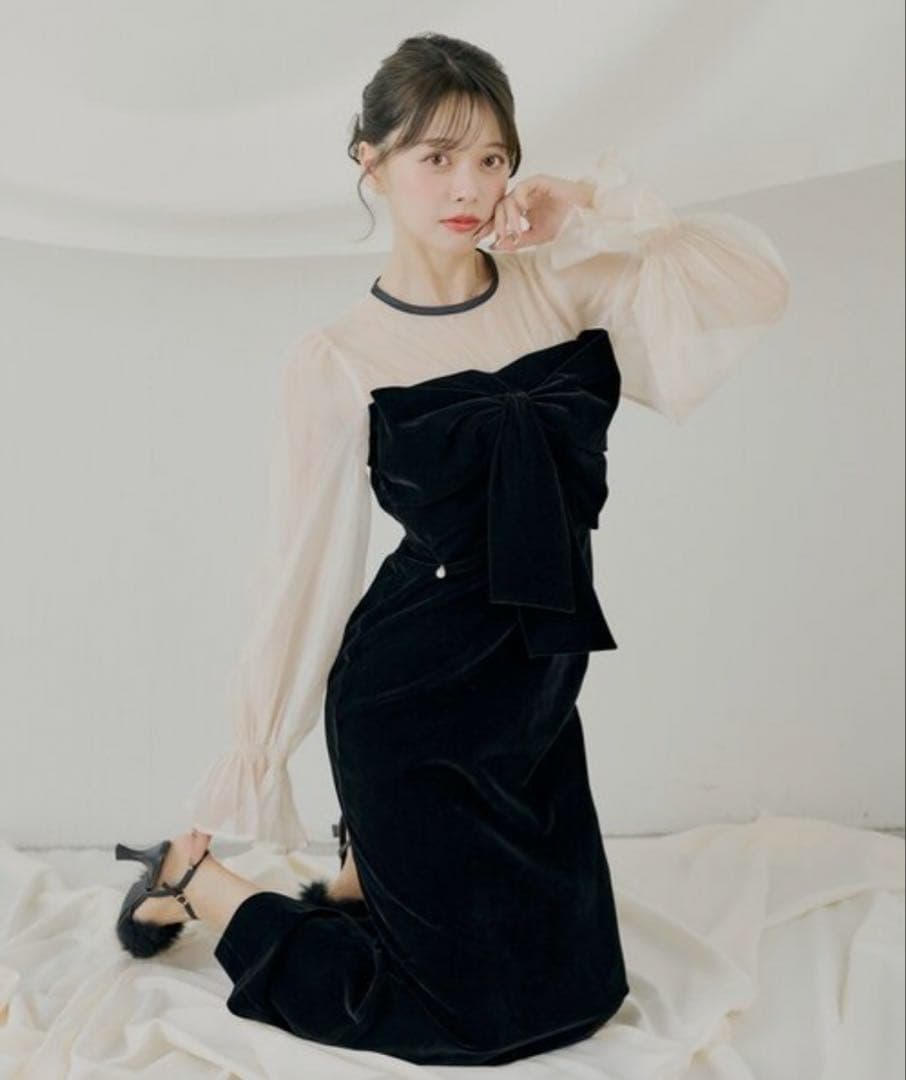 CHICO 配色シアーリボンベロアワンピース オケージョンドレス