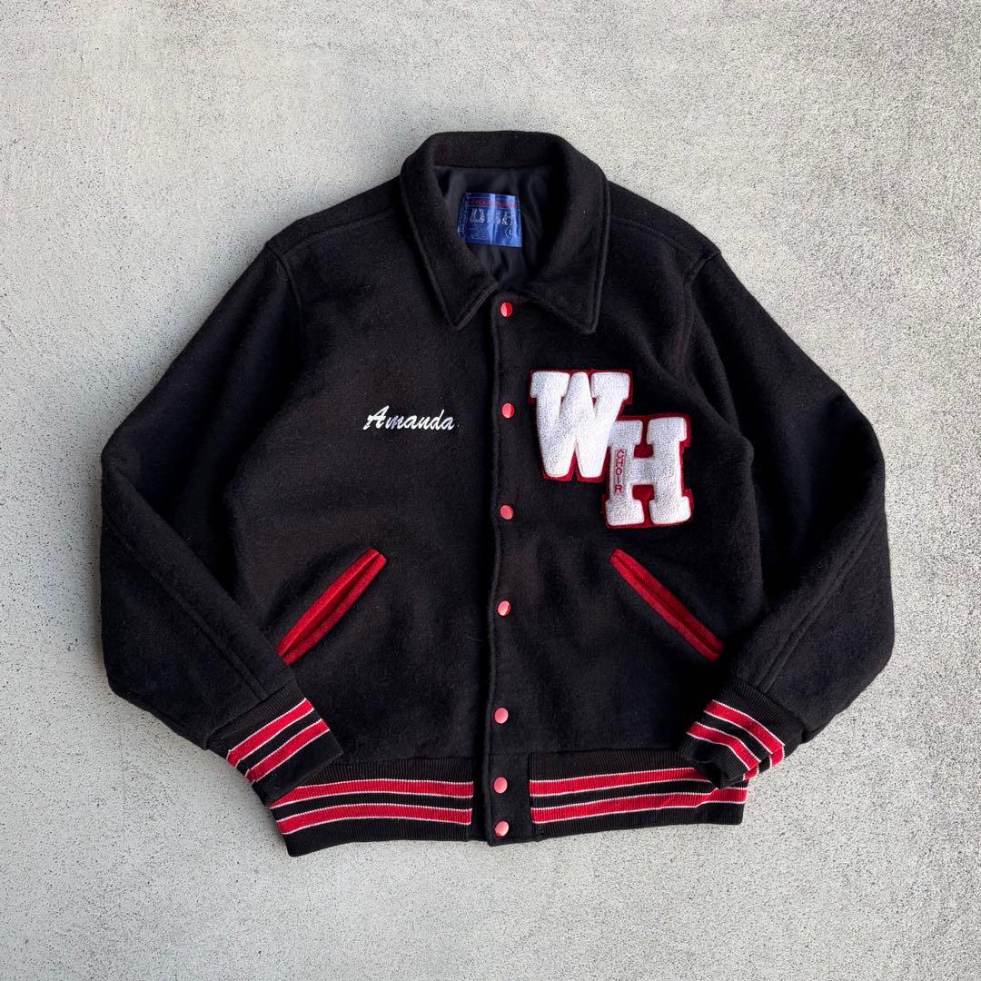 USA製 90s ヴィンテージ古着 メルトンウールスタジャン 短丈ブルゾン 黒赤