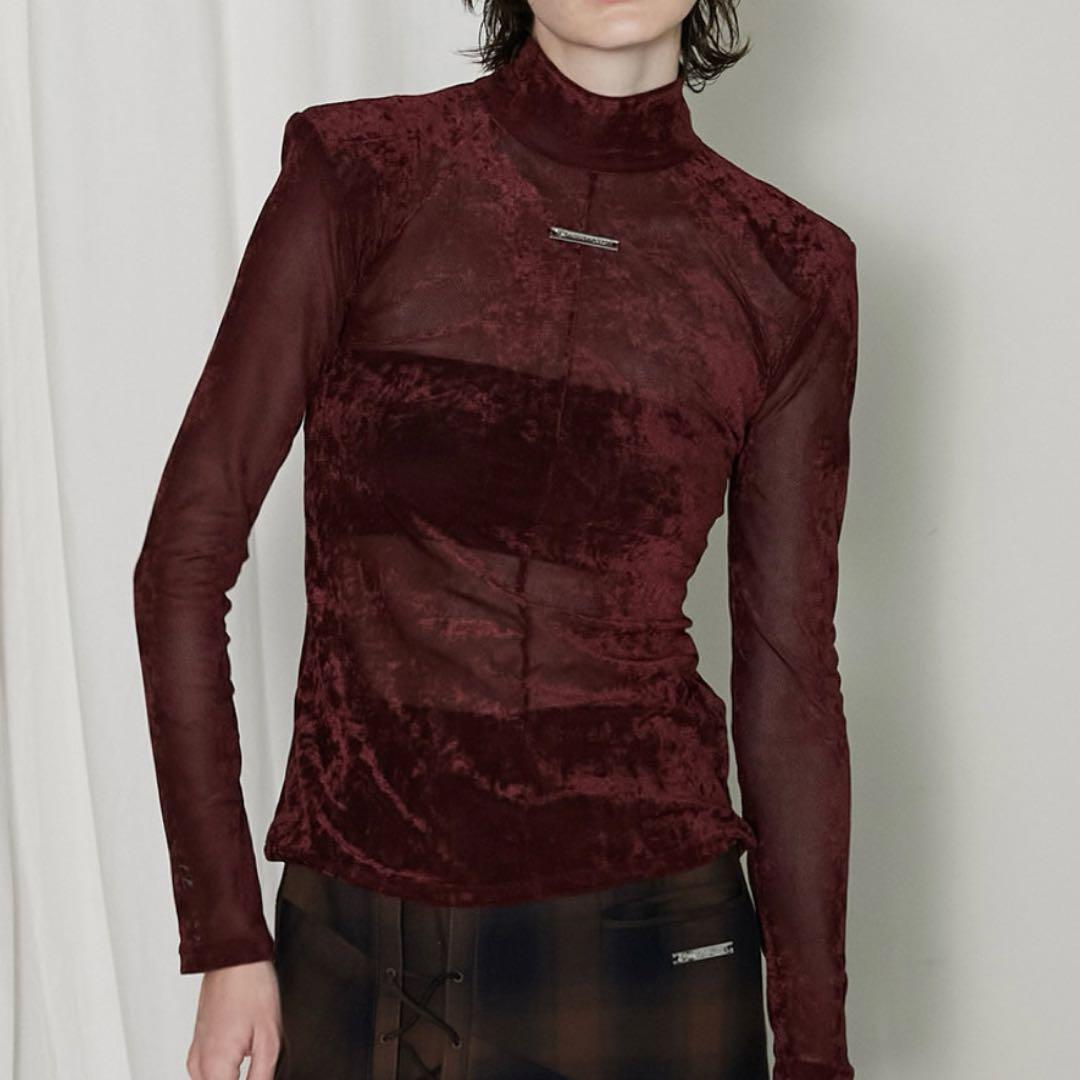 プランクプロジェクト Velour Mesh Turtleneck Top 赤