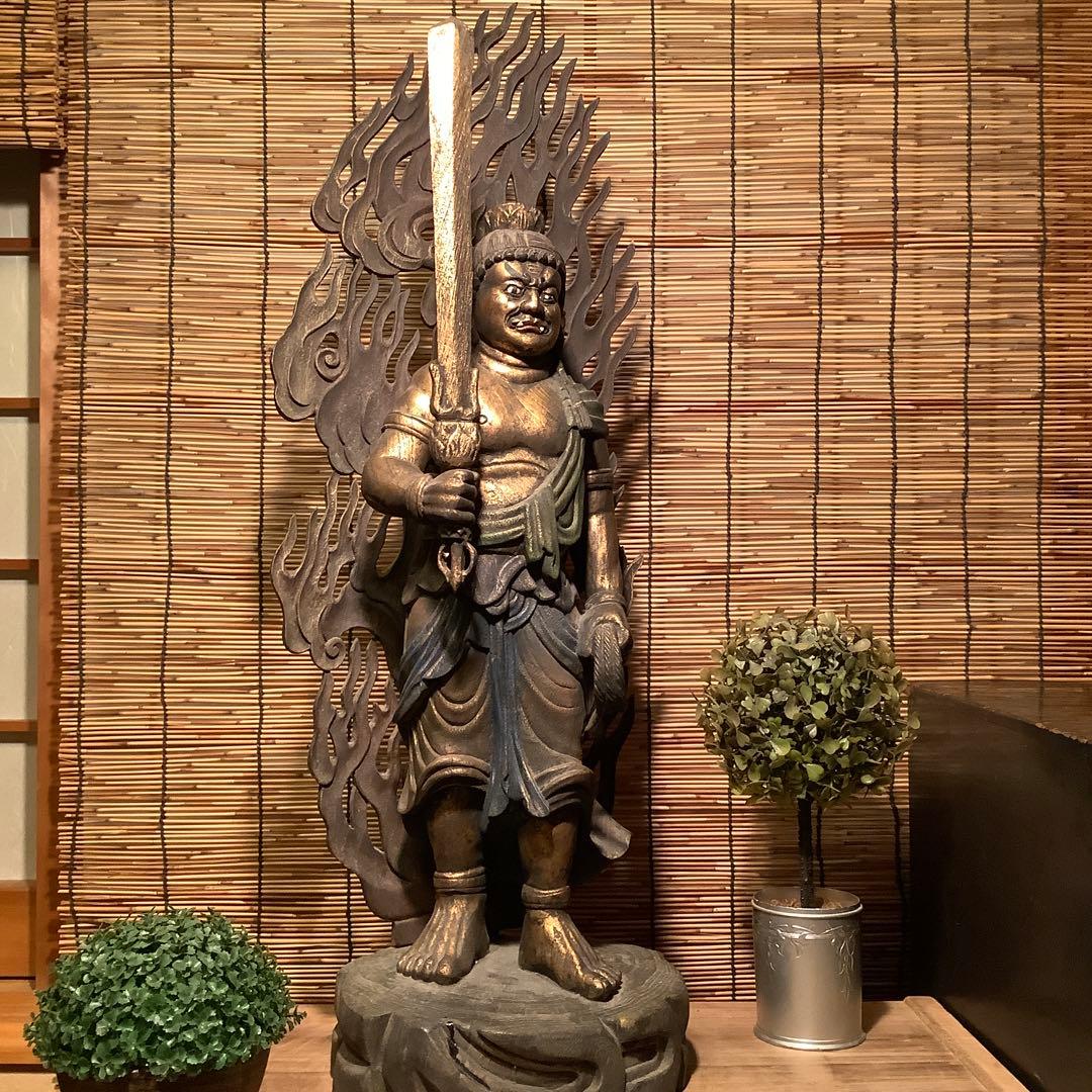 古玩・密教守護神「憤怒・不動明王」不動信仰・天地眼・神仏守護神・特大彩色木彫