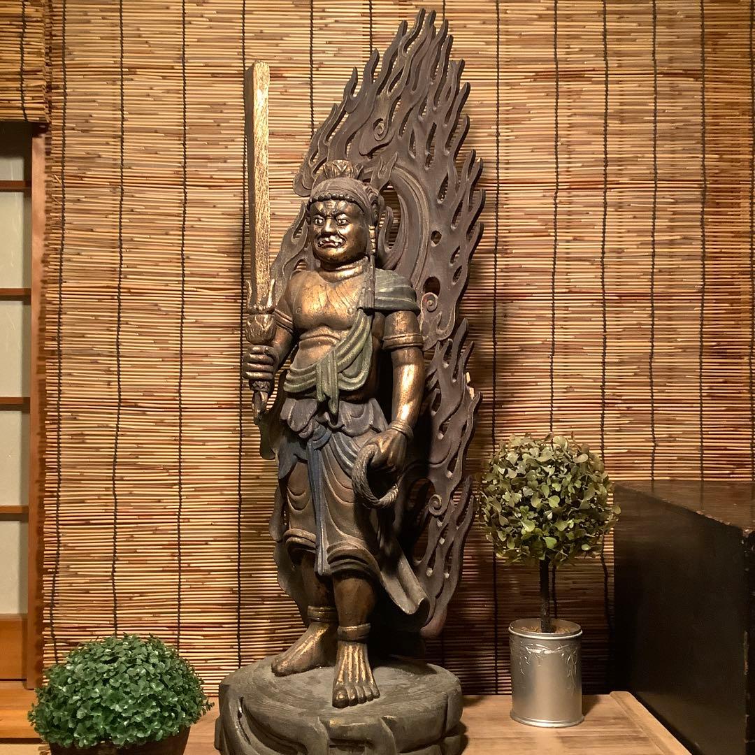 古玩・密教守護神「憤怒・不動明王」不動信仰・天地眼・神仏守護神・特大彩色木彫