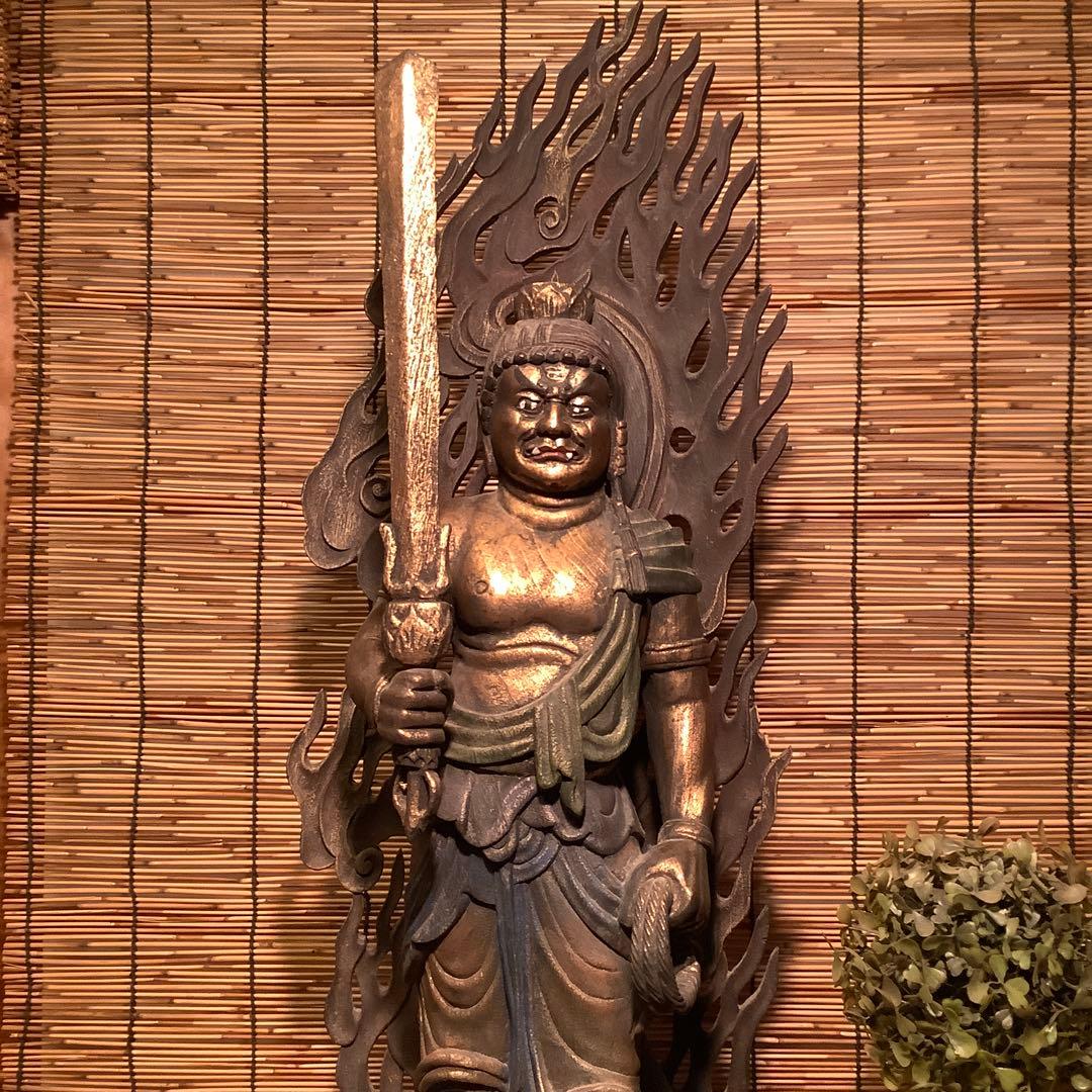 古玩・密教守護神「憤怒・不動明王」不動信仰・天地眼・神仏守護神・特大彩色木彫