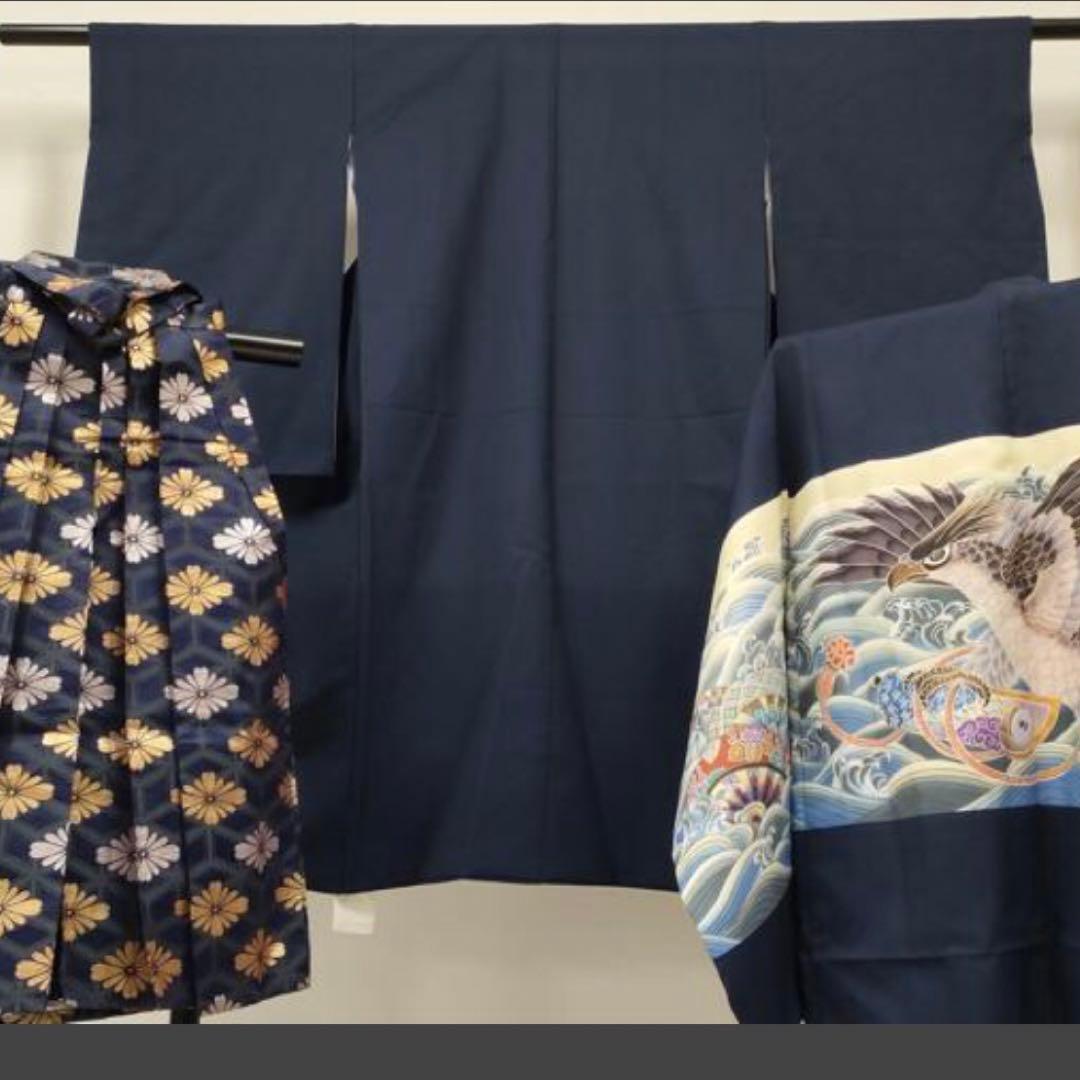 七五三　男の子￼￼￼‼️祝着・羽織・袴セット　鷹鷲立波絵巻花文金彩⭐︎完全フルセット