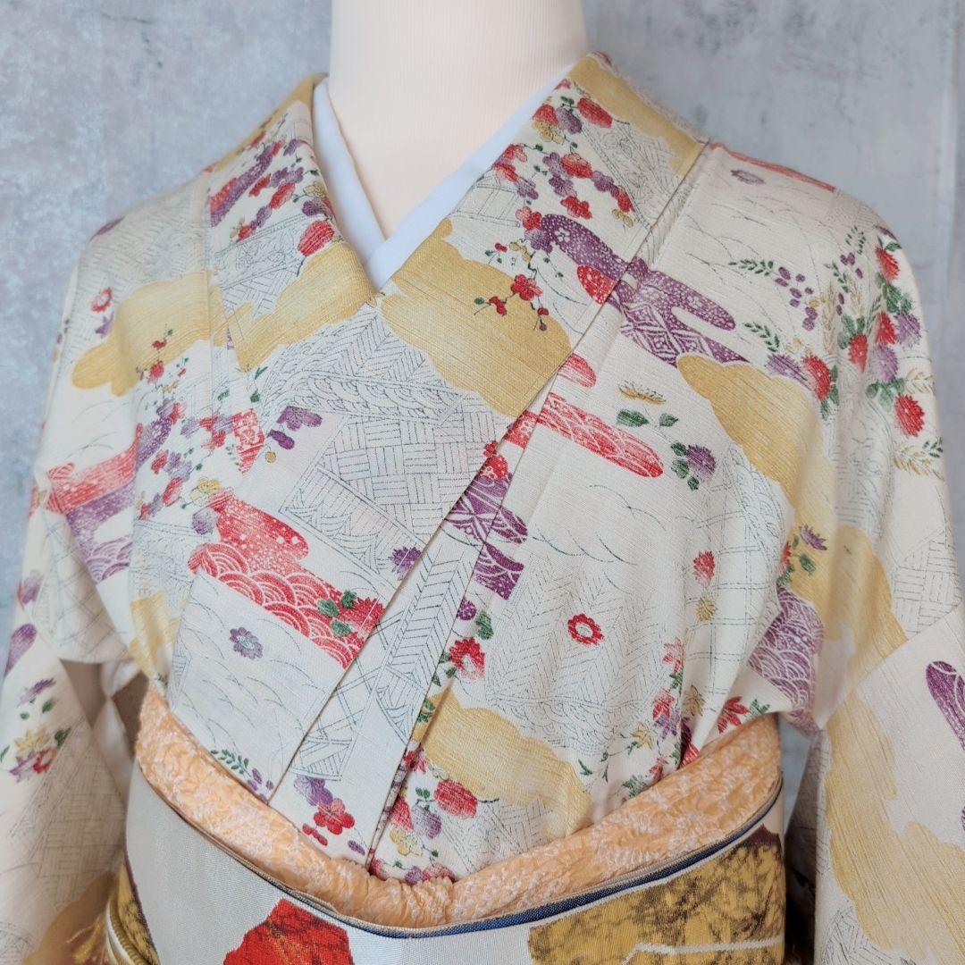 紬　帯締め帯揚げ　3点セット　着物　正絹　花　カラフル　色彩　白地　しつけ糸D2