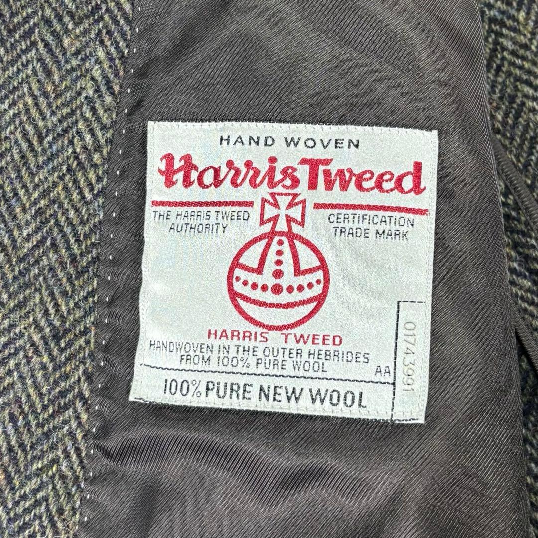 ハリスツイード テーラードジャケット ヘリンボーン 総柄 ウール モスグリーンM