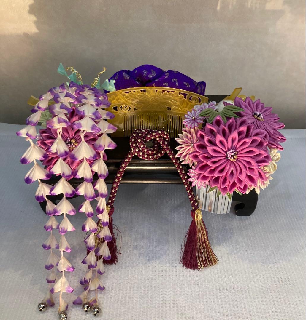 専用　紫菊花簪　藤下り　櫛平打ち簪　Uピン後挿し玉飾り　画像14鹿の子ちんころ