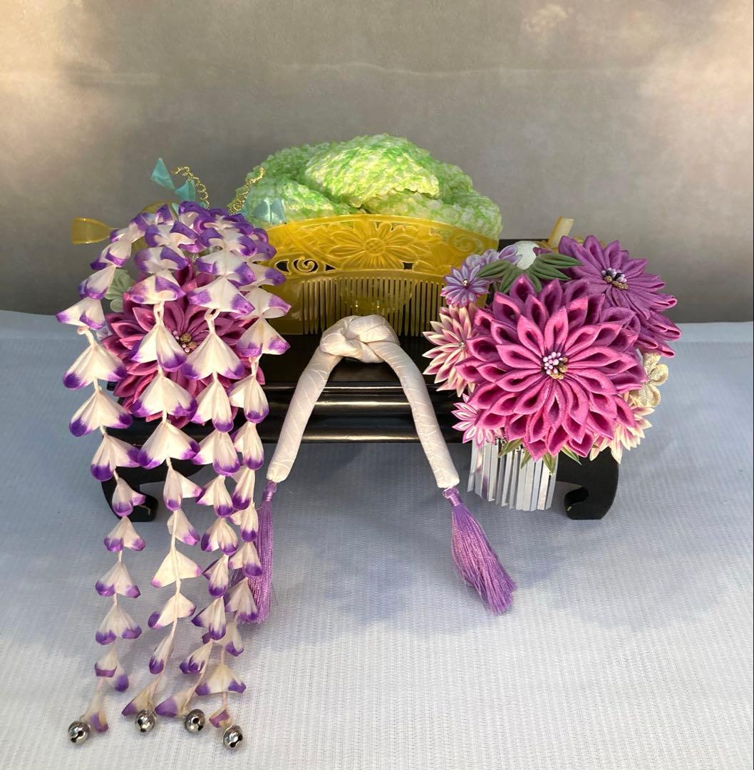 専用　紫菊花簪　藤下り　櫛平打ち簪　Uピン後挿し玉飾り　画像14鹿の子ちんころ