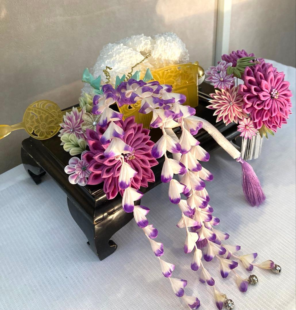 専用　紫菊花簪　藤下り　櫛平打ち簪　Uピン後挿し玉飾り　画像14鹿の子ちんころ