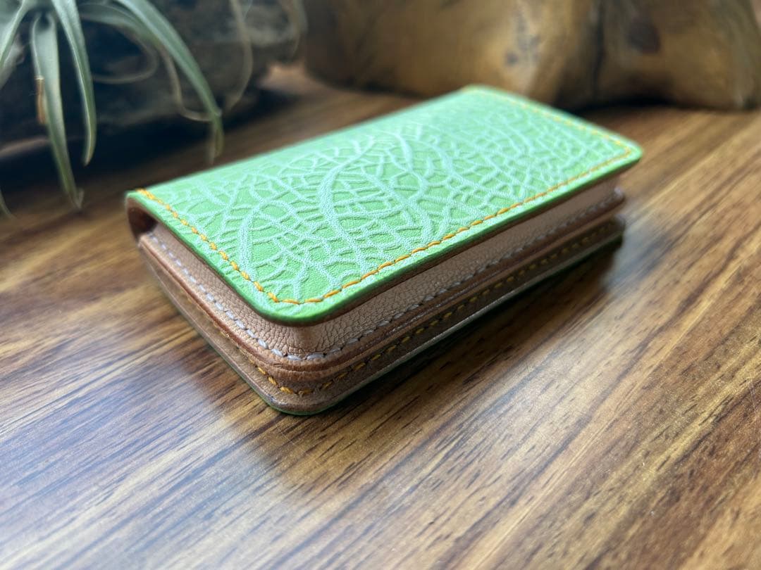 【エテ二朗】メロン型押しレザー 名刺入れ＆L字ファスナー財布　手縫い　本革